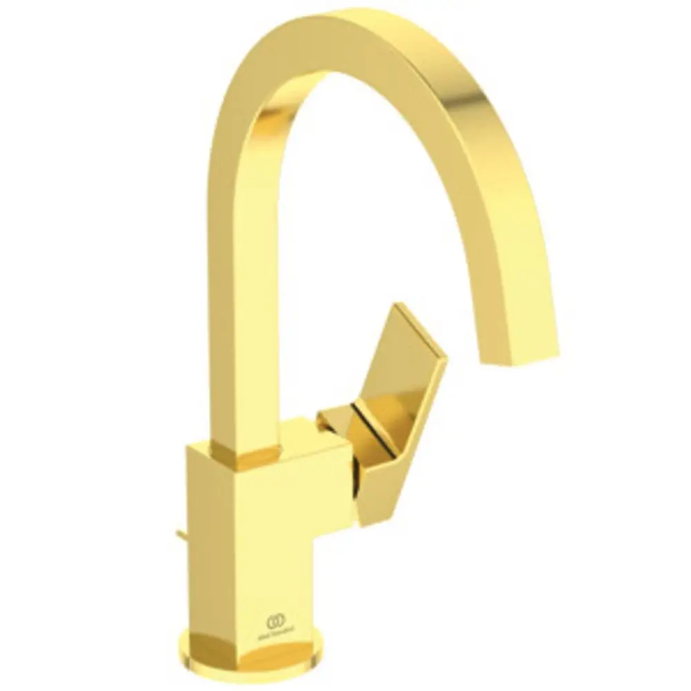 Wascharmatur in Brushed Gold mit hohem Auslauf und Griff, hergestellt von Ideal Standard. Geeignet für moderne Waschbecken.